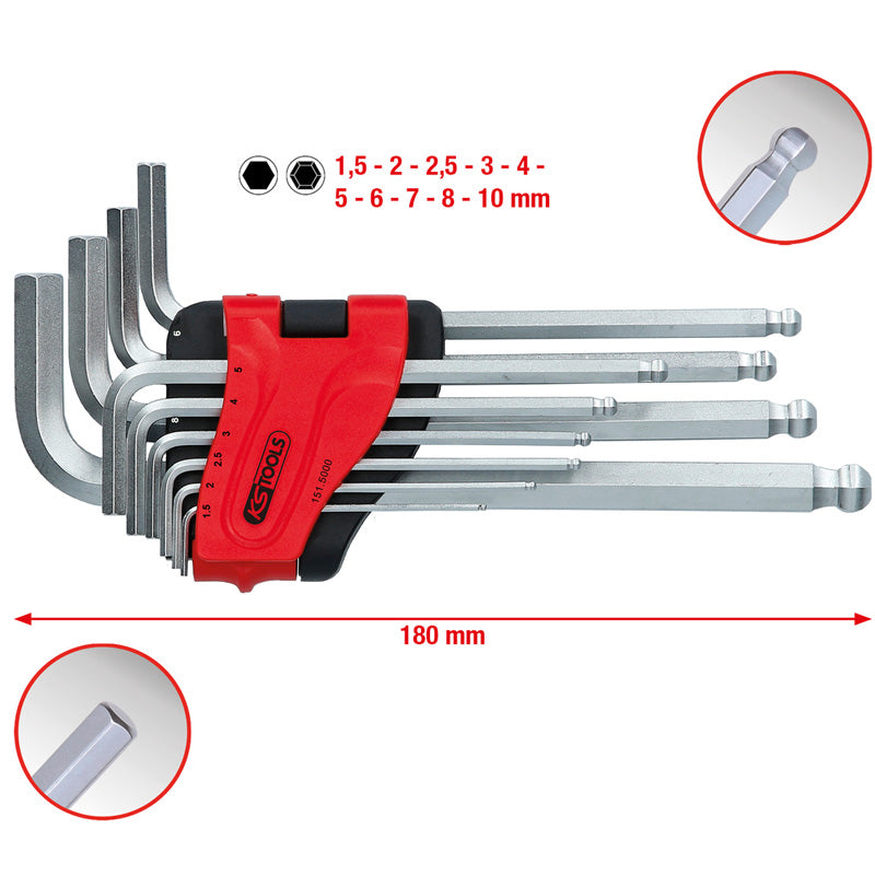 Jeu de 10 clés mâles longues coudées 6 pans et tête sphérique, 1,5 à 10 mm - KS TOOLS - 151.5000