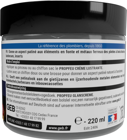 Crème lustrante GEB Propfeu effet patiné pour l’entretien et la protection des fontes et métaux 220ml