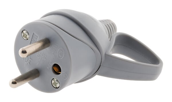 Fiche électrique mâle à anneau 2 pôles + terre 16 A. gris