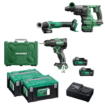 Pack 3 outils Hikoki Perceuse + perforateur + meuleuse 18V Brushless KCRT04 (DS18DE + DH1826DA + G1813DVE + 2 batteries 5 Ah + chargeur)