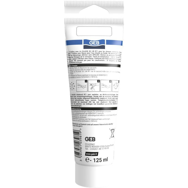 Pâte à joint non durcissante GEB Gebatout 2 pour raccords filetés métalliques 125ml