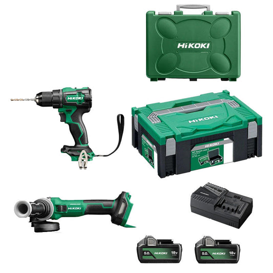 Pack 2 outils HIKOKI Perceuse + meuleuse 18V Brushless KCRT01 (DV18DE + G1813DVE + 2 x 5Ah + UC18YFSLW0Z)