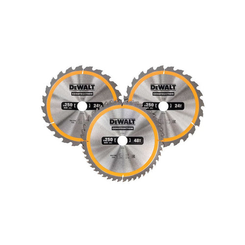 Coffret plastique de 3 lames Ø250mm  DEWALT DT1963-QZ Carbure Construction pour scie circulaire stationnaires : DT1952x2, DT1959