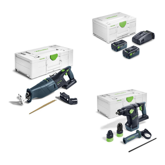 Set Festool Akku-Säbelsäge RSC 18 EB-Basic + Energie-Set SYS 18V 2xTBX8/SCA16 + Akku-Kombihammer KHC 18 EB-Basic