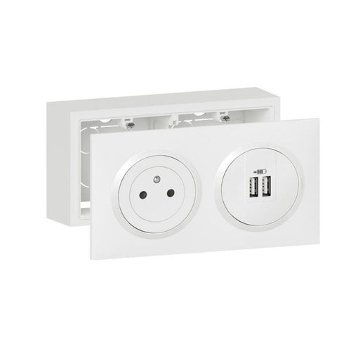 Kit prise + chargeur LEGRAND Surface Dooxie avec cadre saillie  2 USB type A  2,4A