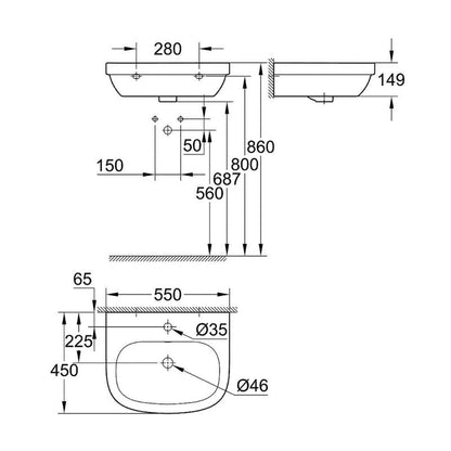 Lavabo suspendu EURO CERAMIC GROHE 3933600H avec pureguard - 55 cm