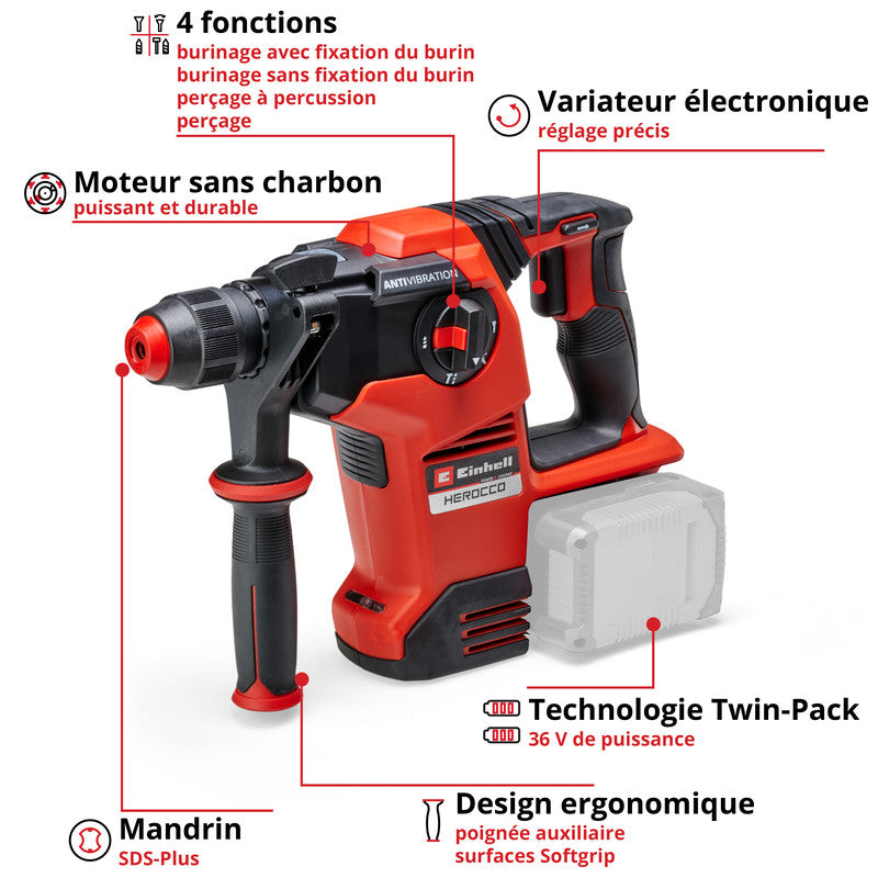 Marteau Perforateur sans fil SDS-plus  36V 3.2J EINHELL HEROCCO 36/28 Li-Solo Power X-Change (vendu sans batterie)