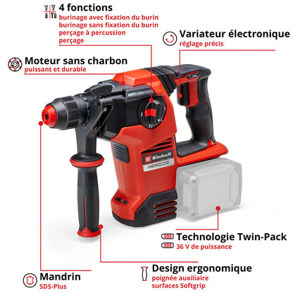 Marteau Perforateur sans fil SDS-plus  36V 3.2J EINHELL HEROCCO 36/28 Li-Solo Power X-Change (vendu sans batterie)