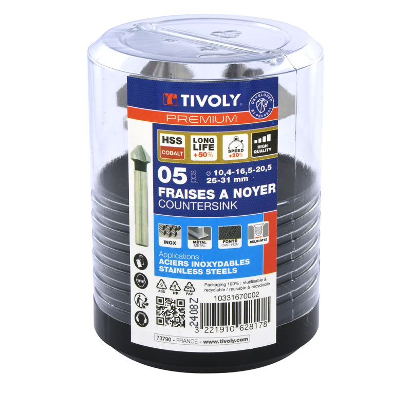 Tivoly   Coffret 5 fraises à noyer HSSE5% cobalt DIN335C à 90° Ø 10,4 à 31 mm PREMIUM