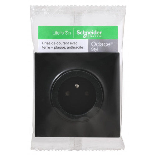 Prise de courant ODACE avec terre + plaque anthracite SCHNEIDER