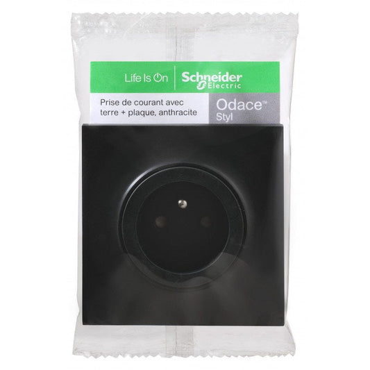 Prise de courant ODACE avec terre + plaque anthracite SCHNEIDER