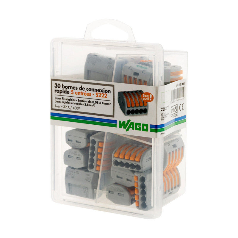Pack de 30 bornes de connexion rapide a levier WAGO 5 entrées fil souple et rigide - S222